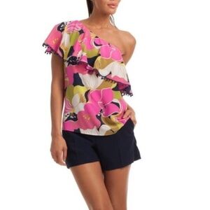Trina Turk One Shoulder 100% Silk Ruffle Floral Blouse Size S NWT